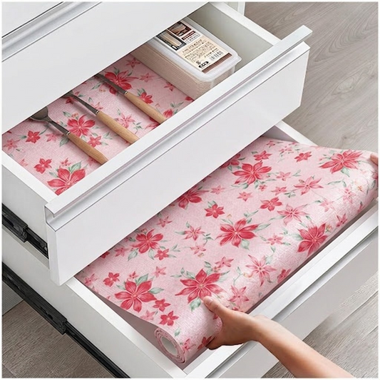 RYKA Shelf Mat | Floral Printed Desk Mat | Placemat for Kitchen | PVC Non-Slip Drawer Sheets| Kitchen Cabinet Shelf Liner | 5 Meter (Pink)