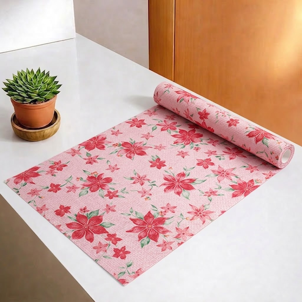 RYKA Shelf Mat | Floral Printed Desk Mat | Placemat for Kitchen | PVC Non-Slip Drawer Sheets| Kitchen Cabinet Shelf Liner | 5 Meter (Pink)