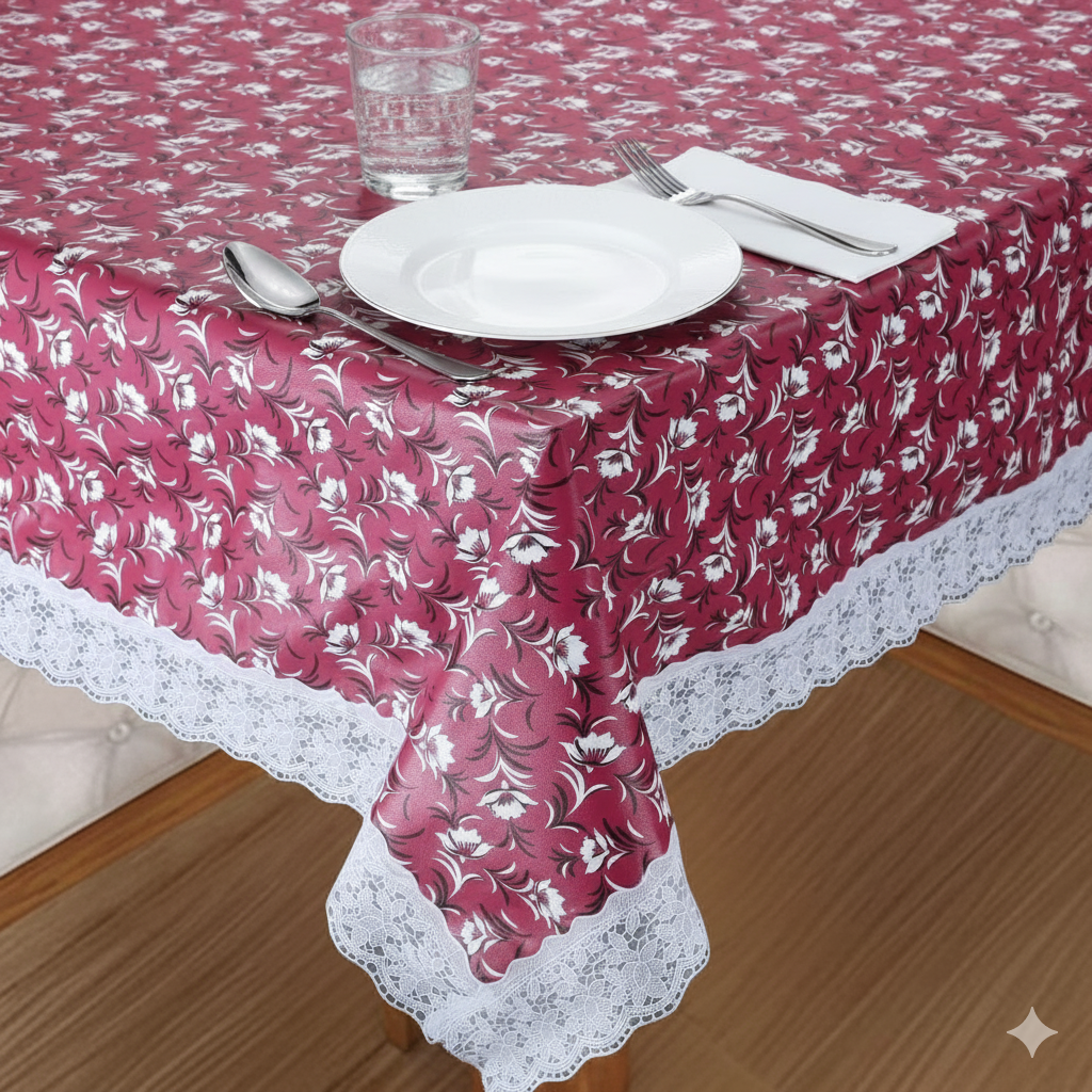 Ryka pink leave Print Center Table Cloth,Waterproof PVC 4 Seater Center Table Cover for Center table Cover,High Thickness, Waterproof & Anti Slip Center Table Cover with White Lace (Size 40x60, Rectangular, Pack of 1)