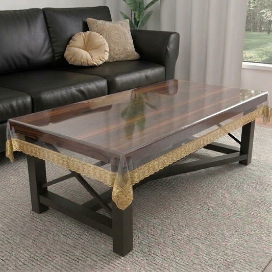 RYKA PVC Transparent Table Cover 4 Seater | Table Protector Sheet | Waterproof and Dustproof | Gold Lace Transparent Table Cloth | Rectangular Center Table Cover | 40X60 Inch (Pack Of 1)
