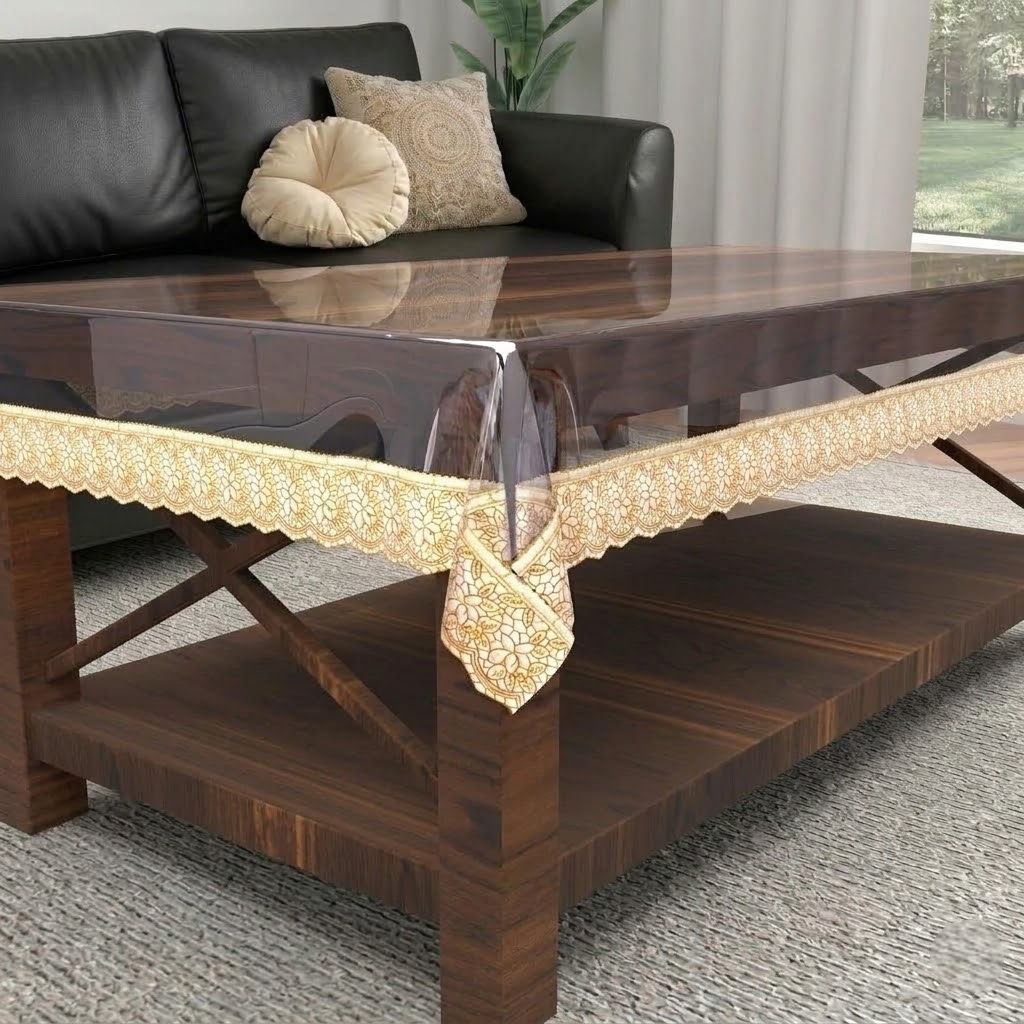 RYKA PVC Transparent Table Cover 4 Seater | Table Protector Sheet | Waterproof and Dustproof | Gold Lace Transparent Table Cloth | Rectangular Center Table Cover | 40X60 Inch (Pack Of 1)