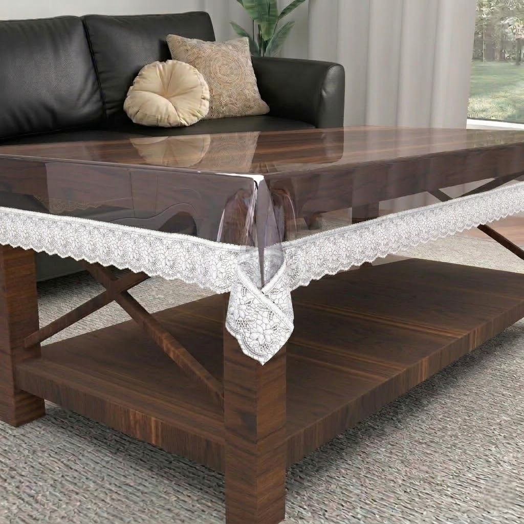 RYKA PVC Transparent Table Cover 4 Seater | Table Protector Sheet | Waterproof and Dustproof | White Lace Transparent Table Cloth | Rectangular Center Table Cover | 40X60 Inch (Pack Of 1)