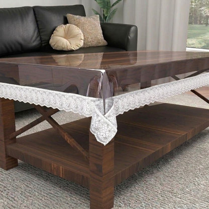 RYKA PVC Transparent Table Cover 4 Seater | Table Protector Sheet | Waterproof and Dustproof | White Lace Transparent Table Cloth | Rectangular Center Table Cover | 40X60 Inch (Pack Of 1)