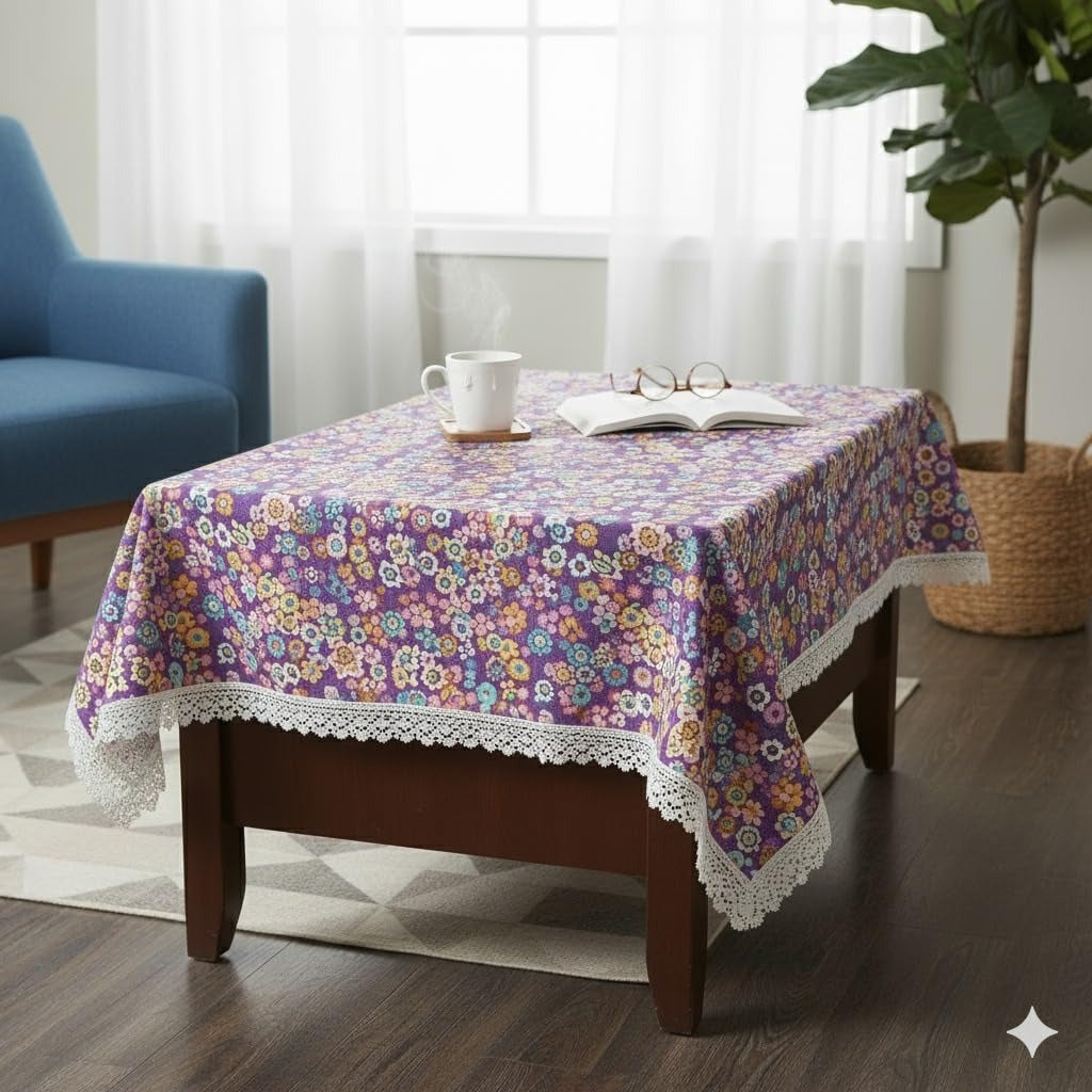 Ryka Purple Digital Floral Print Center Table Cloth,Waterproof PVC 4 Seater Center Table Cover for Center table Cover,High Thickness, Waterproof & Anti Slip Center Table Cover with White Lace (Size 40x60, Rectangular, Pack of 1)