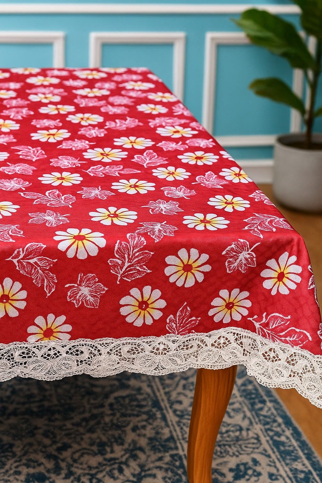 Ryka Red floral 4 Seater PVC Table Cover | Dining Table Cover | Waterproof, Durable & Easy Clean,Pvc dining table cover with white lace
