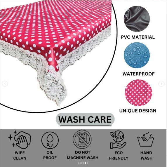Ryka red polka dot 4 Seater PVC Table Cover | Dining Table Cover | Waterproof, Durable & Easy Clean,Pvc dining table cover with white lace