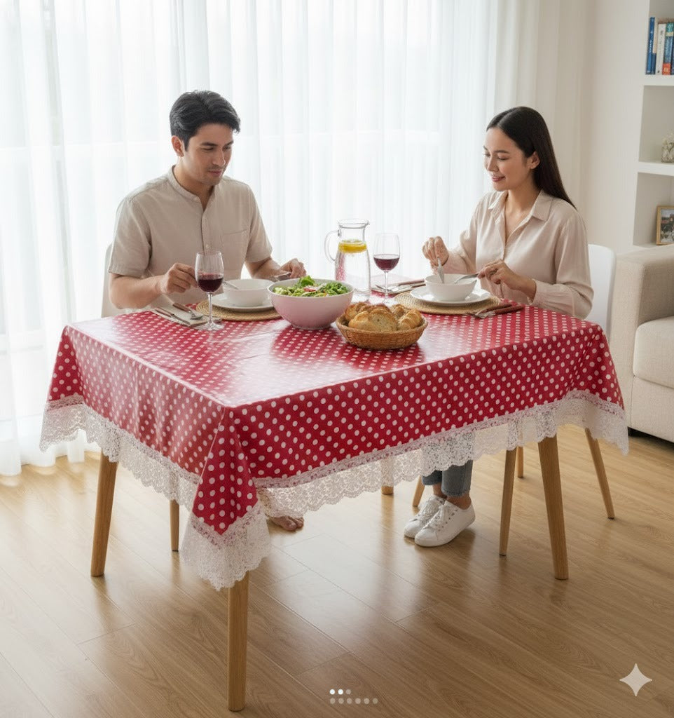 Ryka red polka Ryka Blue Check 4 Seater PVC Table Cover | Dining Table Cover | Waterproof, Durable & Easy Clean,Pvc dining table cover with white lace