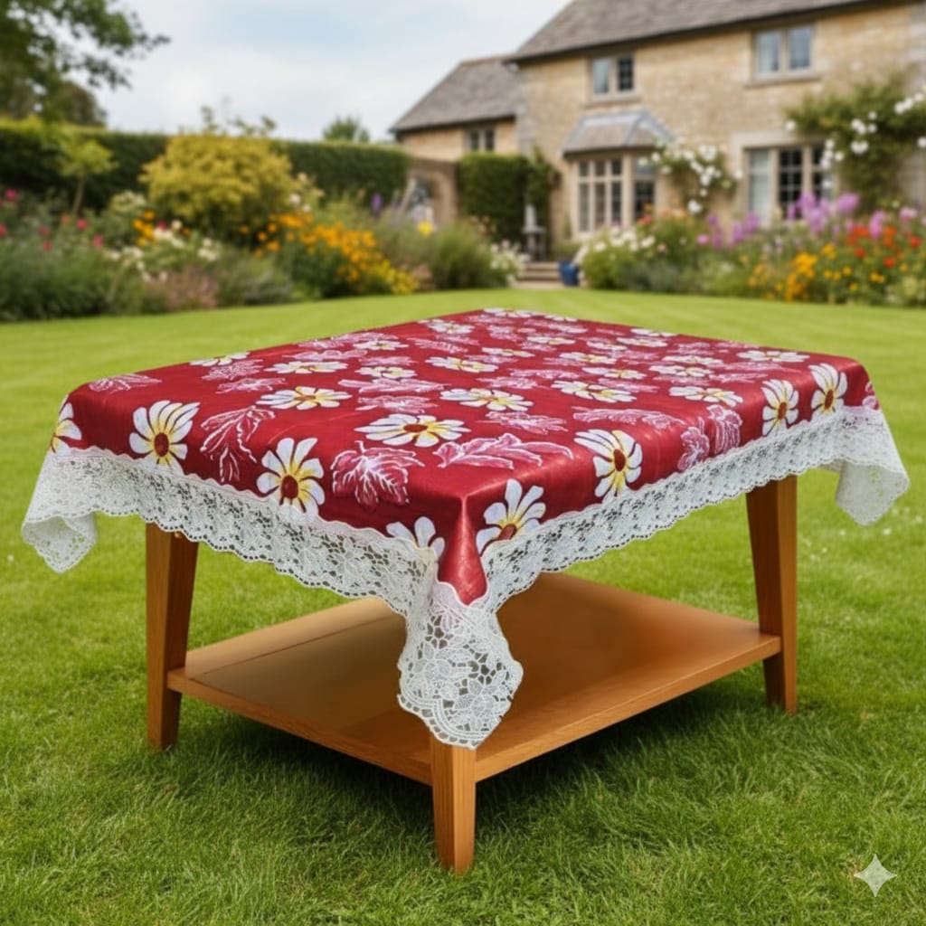 Ryka Red floral 4 Seater PVC Table Cover | Dining Table Cover | Waterproof, Durable & Easy Clean,Pvc dining table cover with white lace