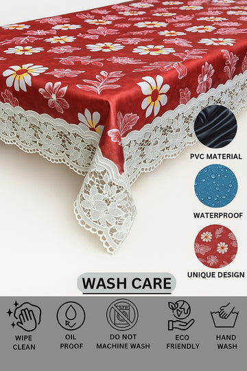 Ryka Ryka red sunflower 4 Seater PVC Table Cover | Dining Table Cover | Waterproof, Durable & Easy Clean,Pvc dining table cover with white lace