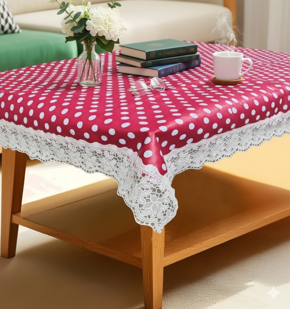 Ryka red polka dot 4 Seater PVC Table Cover | Dining Table Cover | Waterproof, Durable & Easy Clean,Pvc dining table cover with white lace