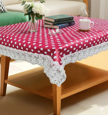 Ryka red polka dot 4 Seater PVC Table Cover | Dining Table Cover | Waterproof, Durable & Easy Clean,Pvc dining table cover with white lace
