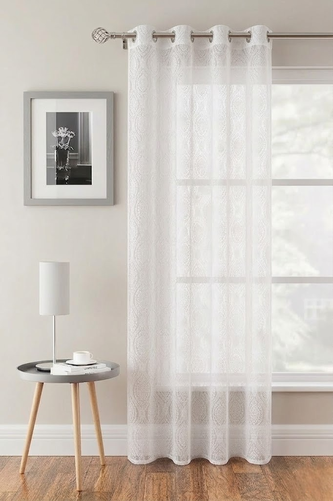 RYKA Cotton Net Sheer Door Curtain | Damsak Patten Printed | Sunlight Filtering Linen Texture | Eyelet Hanging (7FT) | Damsak White (Pack of 1)