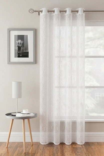 RYKA Cotton Net Sheer Door Curtain | Damsak Patten Printed | Sunlight Filtering Linen Texture | Eyelet Hanging (7FT) | Damsak White (Pack of 1)