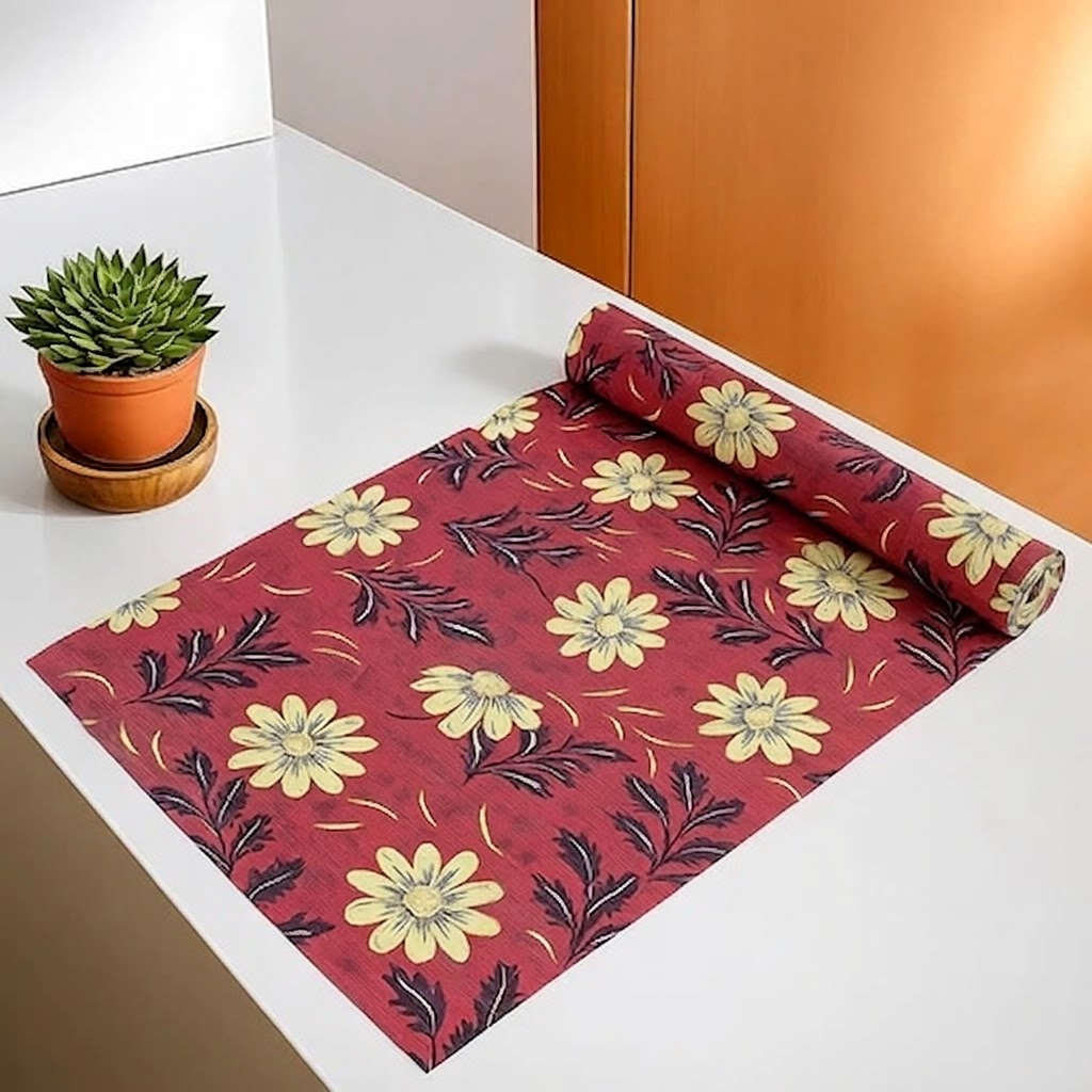 RYKA Shelf Mat | Floral Printed Desk Mat | Placemat for Kitchen | PVC Non-Slip Drawer Sheets| Kitchen Cabinet Shelf Liner | 5 Meter (Red)