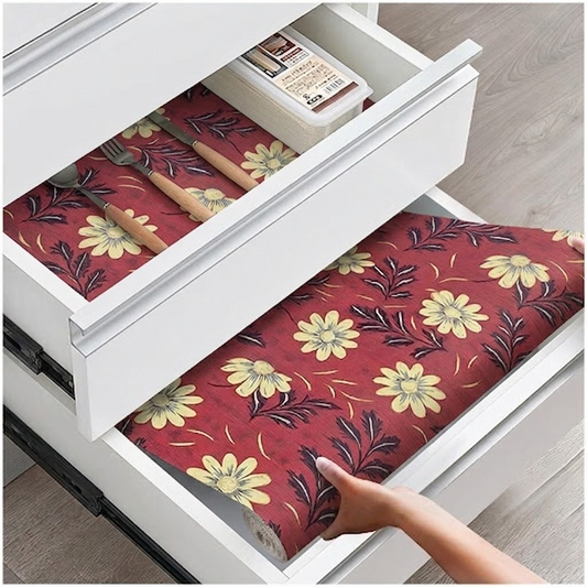 RYKA Shelf Mat | Floral Printed Desk Mat | Placemat for Kitchen | PVC Non-Slip Drawer Sheets| Kitchen Cabinet Shelf Liner | 5 Meter (Red)